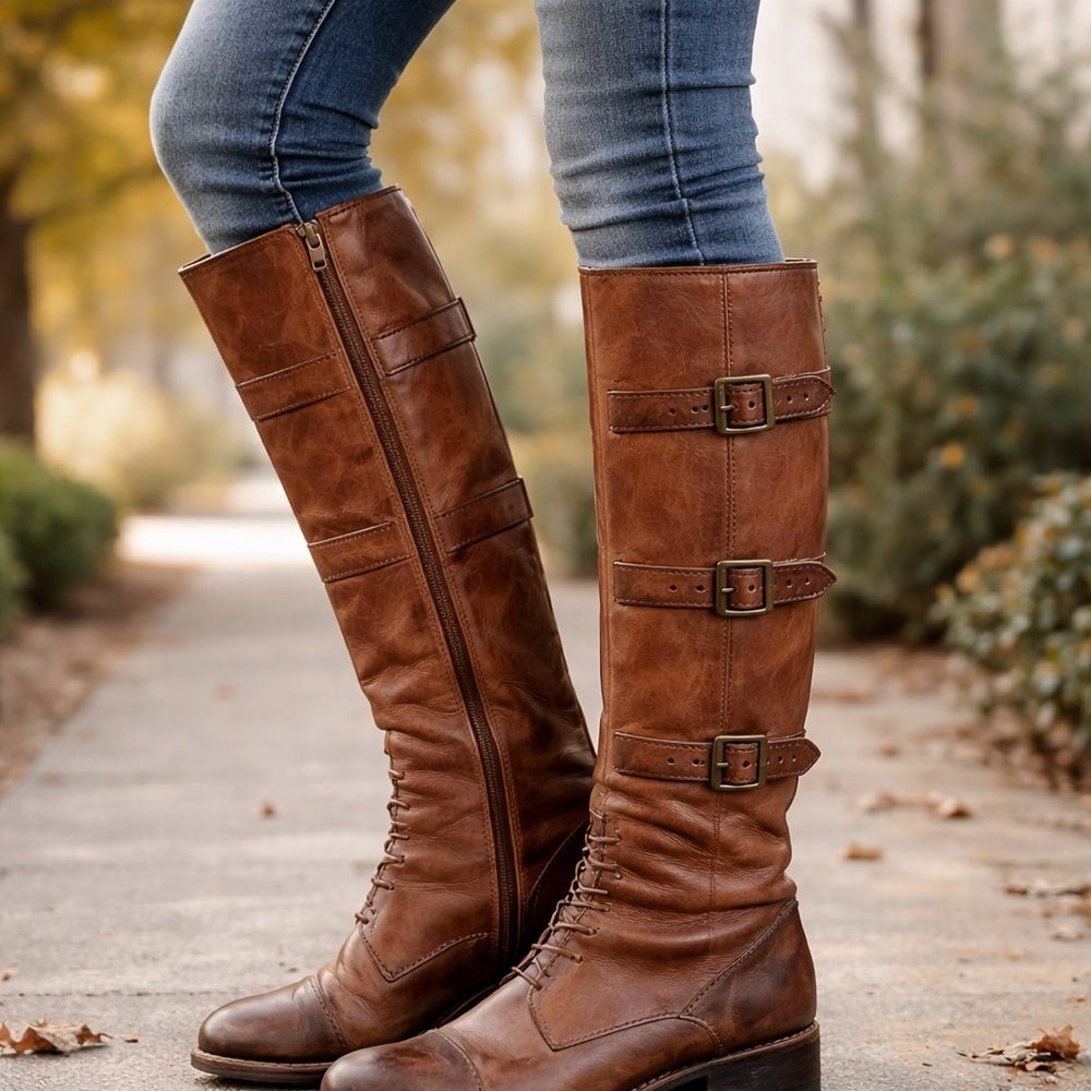 Vince Brown Leather Tall Riding Boots Buckle Strap Women’s 7B EU 37